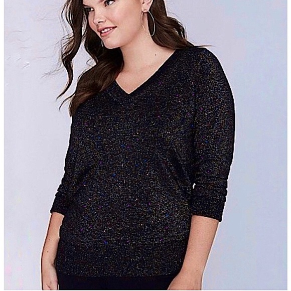 Lane Bryant PLUS size V-Neck Black Metallic Sparkle COTTON Sweater in US 26 28 - Picture 2 of 10